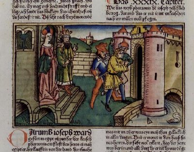 Genesis 39 19-23 Innocent Joseph je uvězněn, z „Norimberské bible (Biblia Sacra Germanaica)“ (barevný dřevoryt) od German School