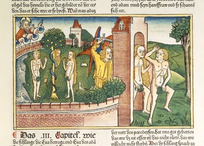Genesis 3 1-24 Pokušení a vyhnání z ráje, z norimberské bible (Biblia Sacra Germanaica) (barevný dřevoryt) od German School