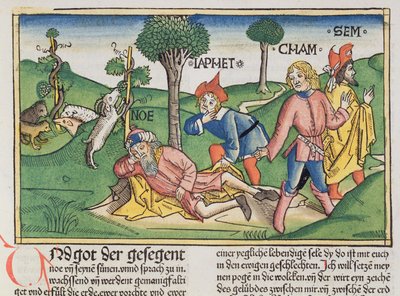 Genesis 9 20-27 Noe zahalený pláštěm svými syny Shemem, Hamem a Japethem z norimberské bible (Biblia Sacra Germanaica) (barevný dřevoryt) od German School