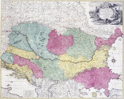 Zeměpisná mapa válečného divadla, zobrazující Uherské království v hlavní části, 1771 od German School
