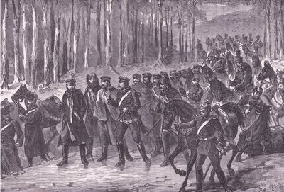 Německá kavalerie na cestě do Paříže, Cassells History of the War between France and Germany vydané nakladatelstvím Cassell and Company Limited, kolem roku 1890 (litho) od German School