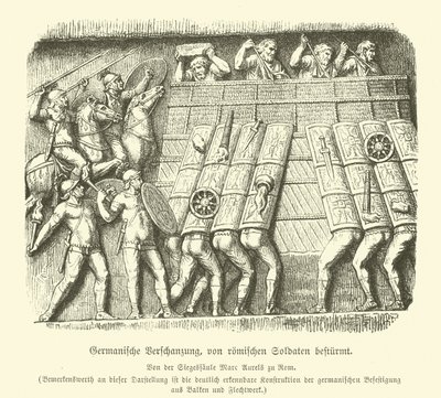 Germánské opevnění pod útokem římských vojáků (rytina) od German School