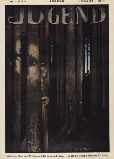 Dívka chodící v noci v lese (barva litho) od German School