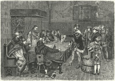 Gustav I Vasa, švédský král, konfrontující Petera Sunnanvadera, biskupa z Vasteras od German School