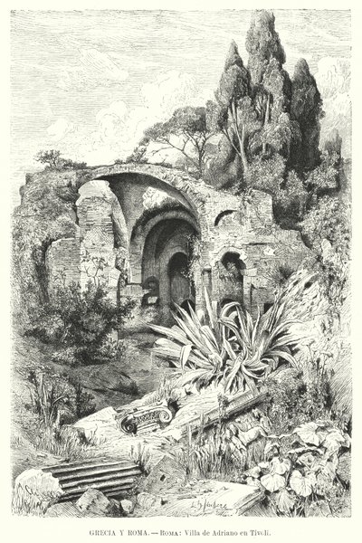 Hadriánova vila, Tivoli, Itálie (litho) od German School