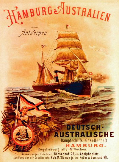 Hamburk - Austrálie, plakát inzerující německou australskou paroplavební společnost, 1889 od German School