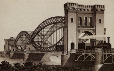 Hamburk: Eisenbahn-Elb-Brucke, Železniční most přes Labe (litho) od German School