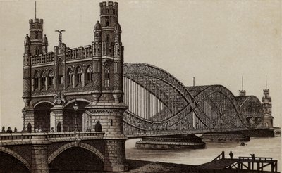 Hamburk: Neue Elbbrücke, Nový most přes Labe (litho) od German School