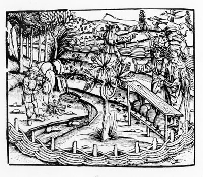 Šťastní manželé pasoucí včely, ilustrace z Georgiků od Virgilia, kniha IV, z vydání Sebastiana Brantsa (1457-1521), vydáno 1502 od German School