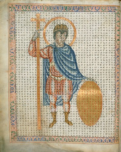 Harley 3045 fol.2 Císař Ludvík I., zbožný, držící kříž a štít, z 