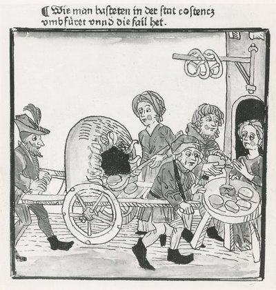 Hawker of Palačinky a preclíky, během Kostnického koncilu v roce 1417, po prvotisku, kolem roku 1485 (pero a inkoust na papíře) od German School