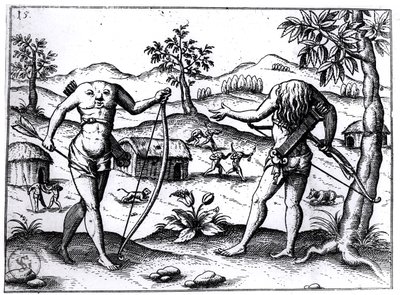 Bezhlaví muži a ženy, ilustrace z popisu sira Waltera Raleigha o Guyaně, publikovaného v Norimberku, 1599 od German School