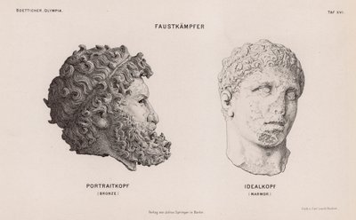 Hlavy ze soch boxerů vykopaných v Olympii, Řecko (rytina) od German School