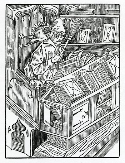 Zde začínají blázni a první nezničitelné boky, ilustrace z anglického překladu Alexandra Barclaye „The Ship of Fools“, z vydání vydaného v roce 1874 od German School