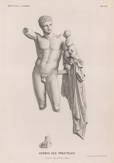 Hermes a nemluvně Dionýsos, socha připisovaná Praxitelovi vykopaná v Olympii, Řecko (rytina) od German School