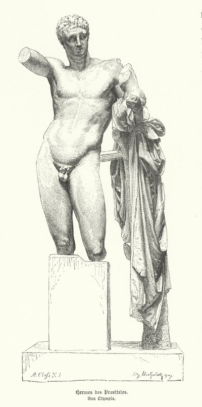 Hermés a nemluvně Dionýsos, socha starověkého řeckého sochaře Praxitela objevená v troskách Hérina chrámu v Olympii (rytina) od German School