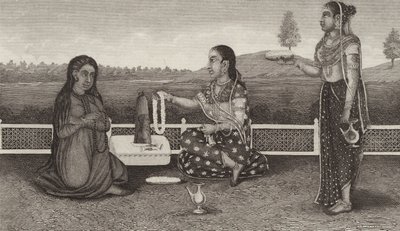 Hinduistické uctívání mrtvých, Indie. Ilustrace pro Bilder-Atlas (rytina) od German School