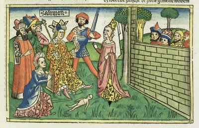 I Kings 3 16-28 Soud of Solomon, z norimberské Bible (Biblia Sacra Germanaica) (barevný dřevoryt) od German School
