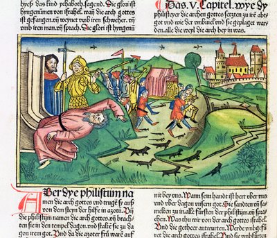I Samuel 5:1-11 Pelištejci se zmocní archy a jsou zasaženi morem, z norimberské bible (Biblia Sacra Germanaica) (barevný dřevoryt) od German School