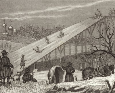 Ledová skluzavka v Rusku. Ilustrace pro Bilder-Atlas (rytina) od German School