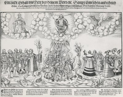 Ilustrace hymny Martina Luthera prosící o pomoc Boží proti smrtícímu dílu papeže od German School