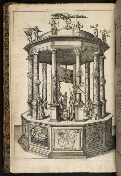 Ilustrovaný frontispice zobrazující chrám Urania, múzy astronomie, z „Tabulae Rudolphinae, quibus astronomicae scientiae“ od Johannese Keplera od German School