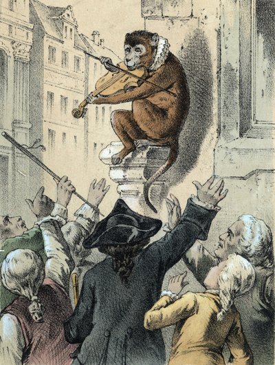 Ilustrace pohádek Franze Hoffmanna „“ Příběhy a bajky – Opice a housle““: opice hrající na housle před davem. Chromolitografie 19. století. od German School