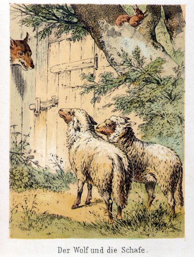 Ilustrace pohádek Franze Hoffmanna „“Pohádky a bajky – Vlk a ovečka““: vlk mluví se dvěma ovečkami. Chromolitografie 19. století. od German School