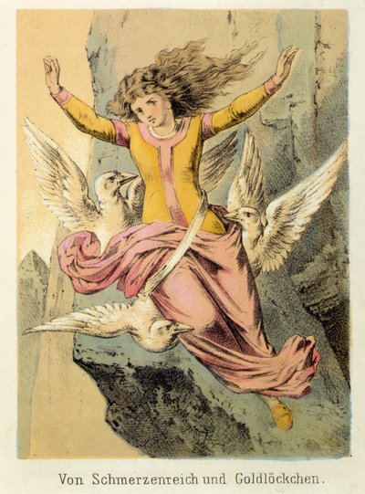 Ilustrace pohádek Franze Hoffmanna „“Příběhy a bajky – Von Schmerzen Reich und Gold¿kuchen””: žena obklopená třemi ptáky. Chromolitografie 19. století. od German School