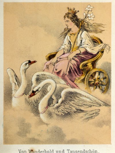 Ilustrace pohádek Franze Hoffmanna „“ Příběhy a bajky – Von Wunderhold und Tausendsch¿n“: vůz nesoucí bohyni postřelenou 2 labutěmi. Chromolitografie 19. století. od German School