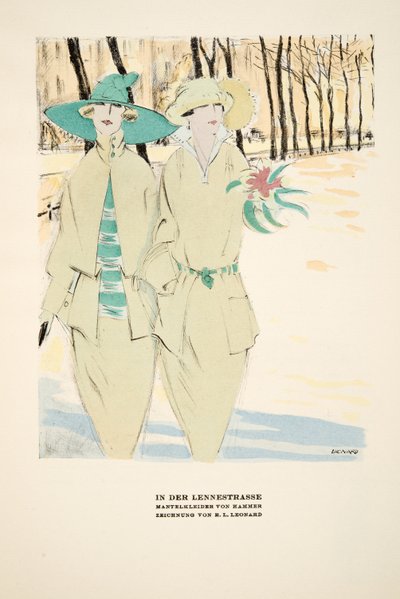 "In Der Lennestrasse", reklama na kabáty Hammer, ze časopisu Styl, pub.1922 (pochoir print) od German School
