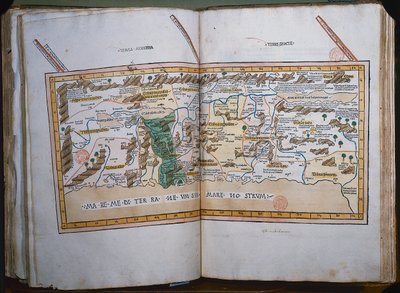Inc. 425 Mapa Svaté země podle popisů a souřadnic uvedených v Cosmographice od Ptolemaia (Claudia Ptolemaea z Alexandrie) (asi 90-168 n. l.), kterou vydal Johann Reger v Ulmu v Německu. od German School