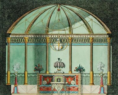 Interiér čínského zahradního chrámu, z „Nedávných nových nápadů pro zahradu“, publikované v roce 1779 (barevné lito) od German School