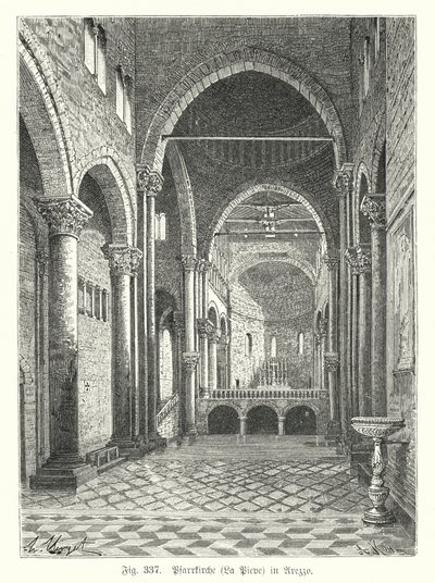 Interiér kostela Santa Maria della Pieve, Arezzo, Itálie (rytina) od German School