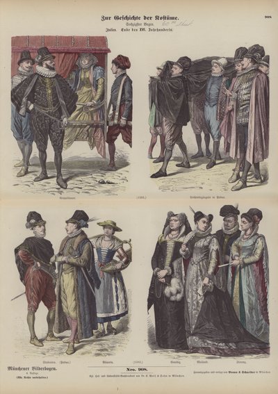Italské kostýmy, konec 16. století (barevná rytina) od German School