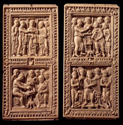 Slonovinové vazby dagulfského žaltáře: David, Saint Jerome. Byl zadán Karlem Velikým písaři Dagulovi (nebo Dagulfovi) pro papeže Adriena I. Konec 8. stol. Z Aix la Chapelle. Paříž, muzeum Louvre od German School