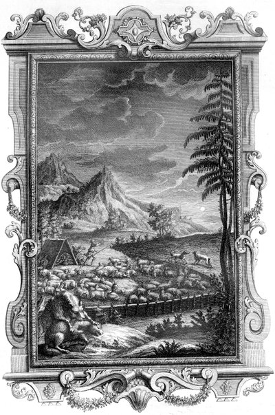 Jacob, věrný pastýř, chránící své stádo ovcí před útokem vlků, 1731 (mědirytina) od German School