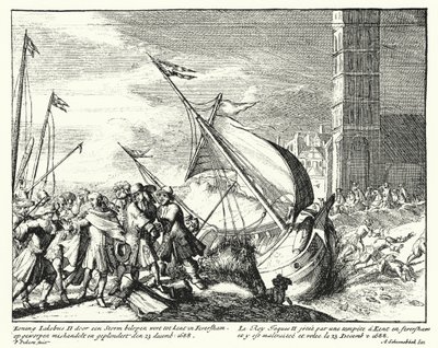 James II Anglie zajatý rybáři u Faversham, Kent, zatímco se pokouší uprchnout do Francie od German School