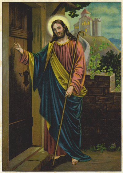 Ježíš klepe na dveře domu (barevná litografie) od German School
