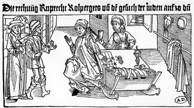 Židovský lichvář s rodinou přijímající klienty, 1491 (dřevoryt) od German School