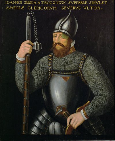 Johann Ziska von Trocnov, vůdce českých husitů a táboritů, který vyhrál dvě bitvy proti císařským vojskům v letech 1420 a 1422 ... od German School