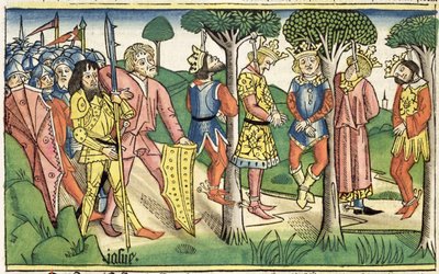 Joshua 10 16-27 Poprava pěti králů, z „Norimberské bible (Biblia Sacra Germanaica)“ (barevný dřevoryt) od German School
