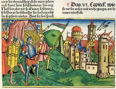 Joshua 6 4-21 Pád Jericha, z norimberské bible (Biblia Sacra Germanaica) (barevný dřevoryt) od German School