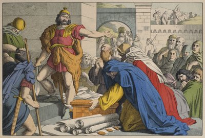 Judas Maccabeus at Maspha, ilustrace z LAncien Testament, vydal Jakob Ferdinand Schreiber, Esslingen (barevná rytina) od German School