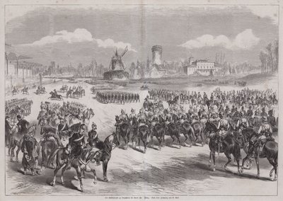 Německý císař Wilhelm I. sledoval svou vojenskou přehlídku v Longchamp, Paříž, Francie, březen 1871 (rytina) od German School