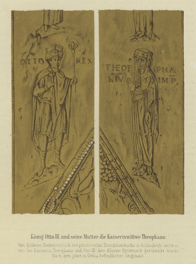 Král Otto III a jeho matka Theophania, císařovna choť Otty II, císař Svaté říše římské (barva litho) od German School