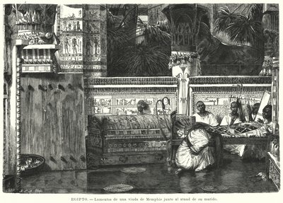 Nářek vdovy vedle rakve jejího manžela v Memphisu, starověký Egypt (litho) od German School
