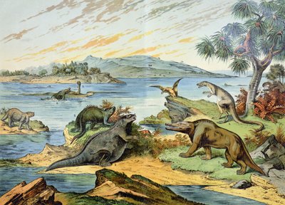 Krajina zobrazující období křídy (před 146 až 65 miliony let) ilustrace z Natural History of Mineralogy and Paleontology od G.H. von Schubert, 1888 od German School