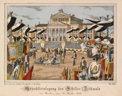 Položení základního kamene Schillerova pomníku na Gendarmenmarktu v Berlíně, 10. listopadu 1859, v pozadí Schauspielhaus, z publikace Neuruppiner Bilderbogen, kterou vydalo nakladatelství Oehmigle & Ri. od German School