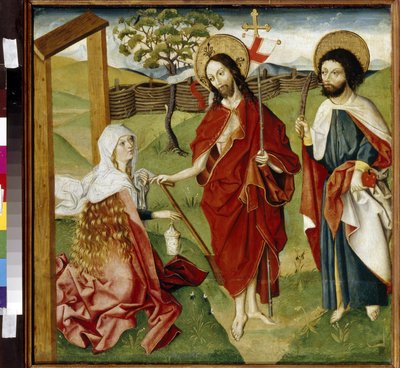 Kristus, Marie Magdalena a svatý Bartoloměj (nebo Natanael, apoštol) (Kristus, Marie Magdalena a svatý Bartoloměj). Může být reprezentací „Noli me tangere““: vize vzkříšeného Krista u svaté Marie Magdaleny. Ježíš Kristus drží roušku od German School